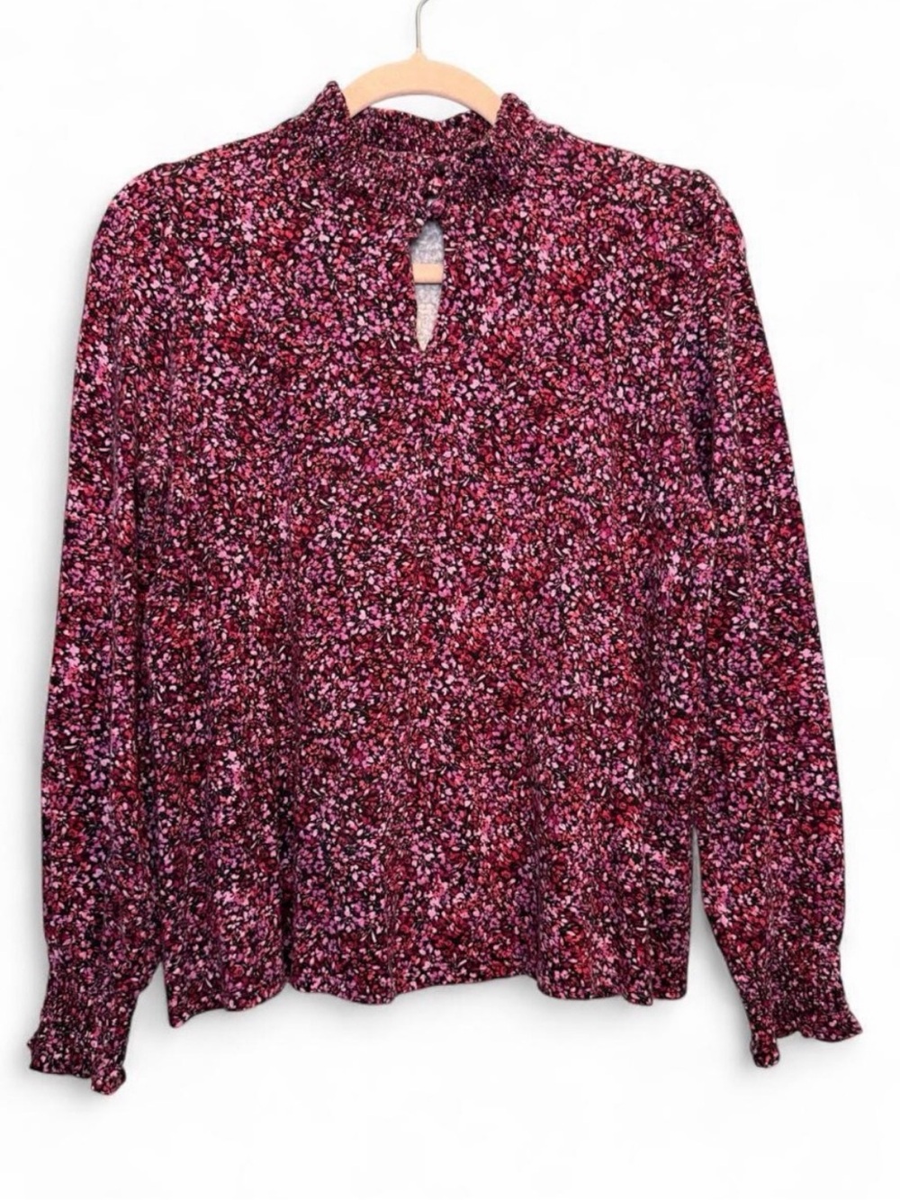 J Jill Women’s XL Blouse Pink Floral Print Smocked Mock Neck Long Sleeve Top